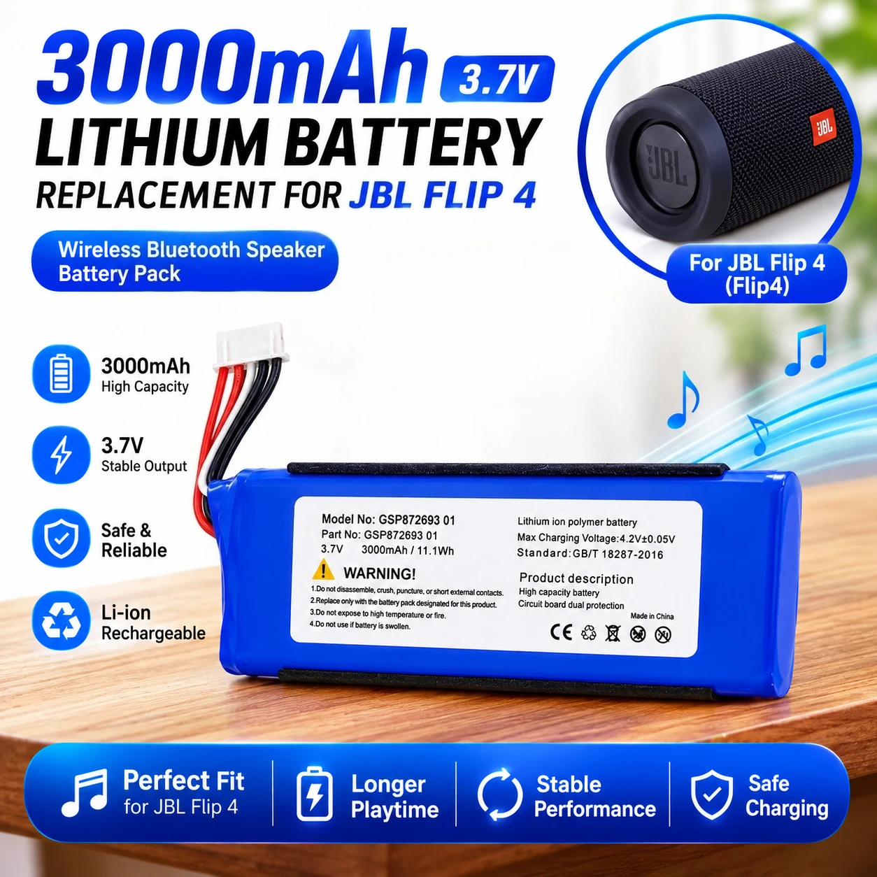 3.7V 3000mAh Li-ion Battery GSP872693 01 for JBL Flip 4 Flip4 Portable Bluetooth Speaker Replacement Power Pack