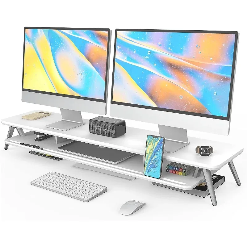 

Dual Monitor Stand, Monitor Stands Riser for 2 monitors, Wood Desk Shelf with Storage Organizer and Cable Management