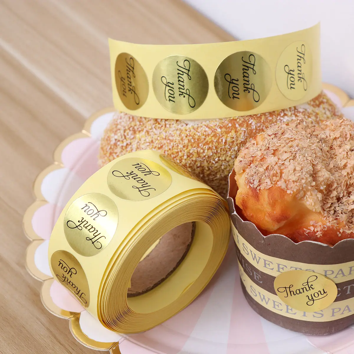 1 Roll Round Label Stickers Golden Handwriting Thank You Letters Cookie Bag Labels Baking Packaging Decorative Sticker Roll