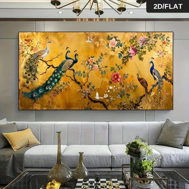 1pc frameless Canvas Painting Frameless Modern Abstract Peacock and Floral Canvas,Gilded Background Decor Living Room,Vibrant Co