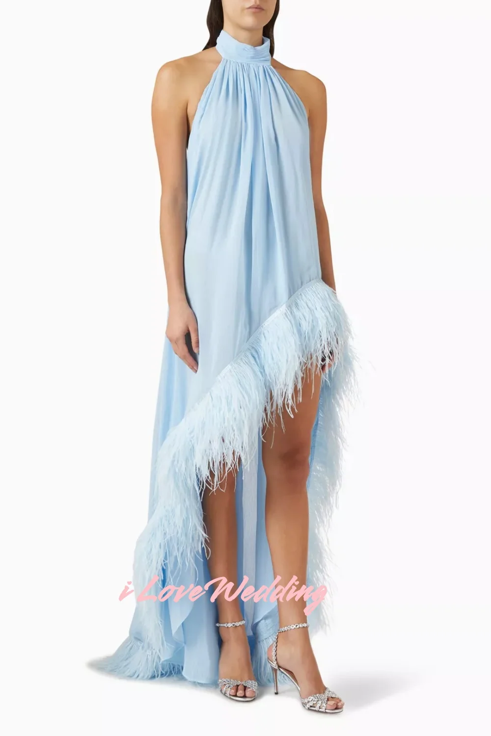 Blue Feather A-line Skirt Halter Evening Dresses Sleeveless Chiffon High-Low Length Pleated فساتين سهرة Customized