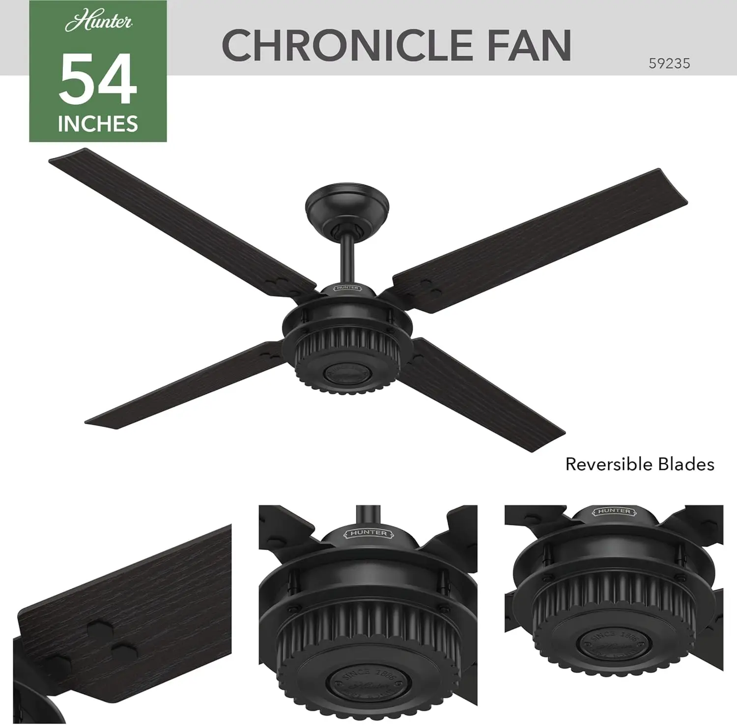 , 59235, 54 inch Chronicle Matte Black Indoor / Outdoor Ceiling Fan and Wall Control