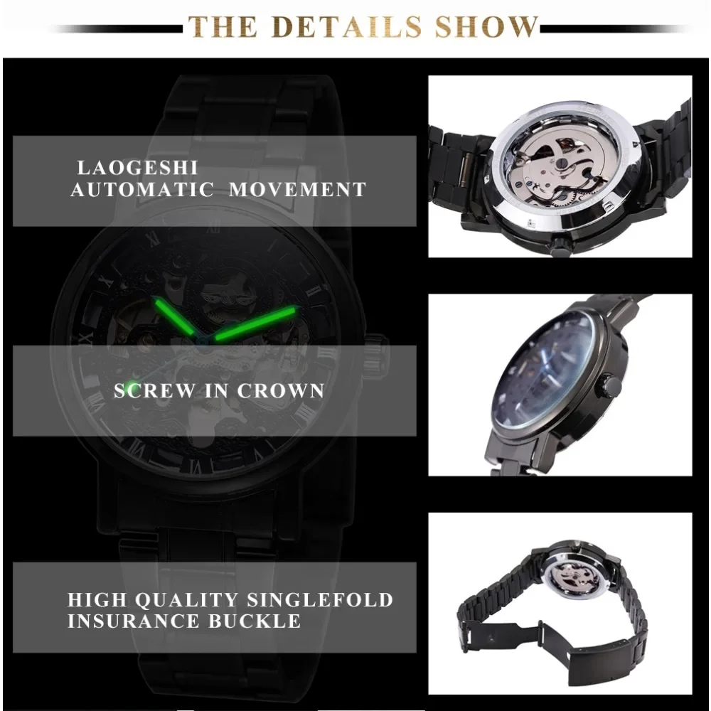 Casual Skeleton Auto Self Wind Mechanical Watch for Men Steel Strap Roman Number Business Mens Watches Top Brand Luxury Clock