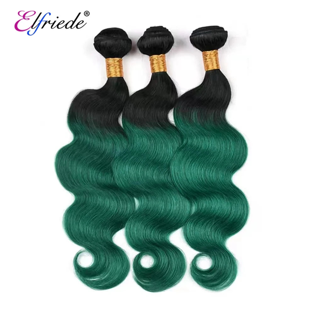 Elfriede-Mèches Body Wave Naturelles avec Closure, Cheveux Humains, Ombré # 1B/Vert, Cousus sur Trames, 3 Lots, avec Closure en Dentelle Transparente, 4x4