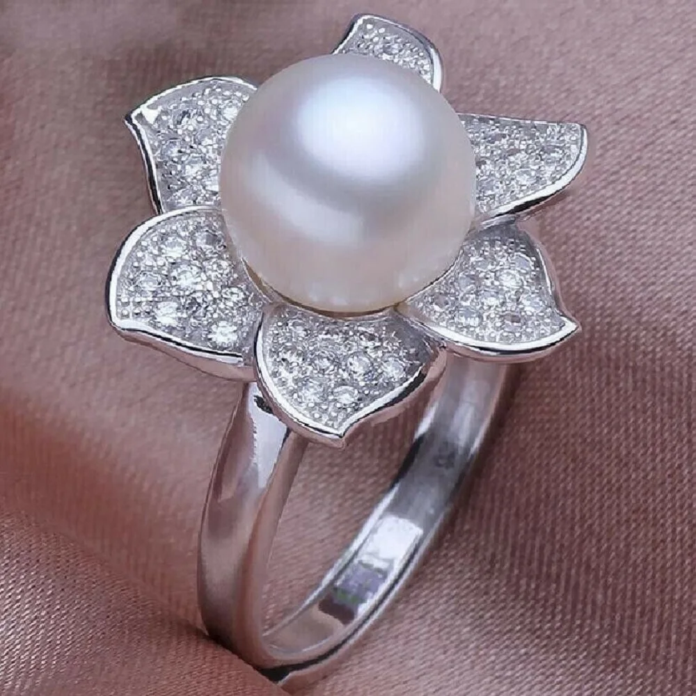 Popular Dainty Akoya White Round Pearl Petal Ring 925S with Adjustable Size