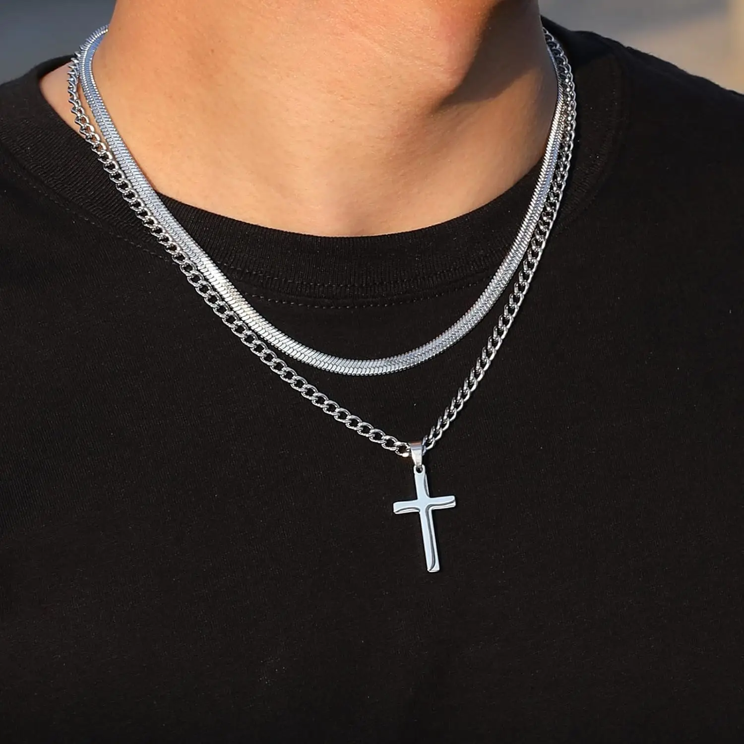 Men's Cross Necklace Stainless Steel Multilayer Cuban Chain Herringbone Chain Cross Pendant 6-24 Inch Fashion Jewelry Gift Set R