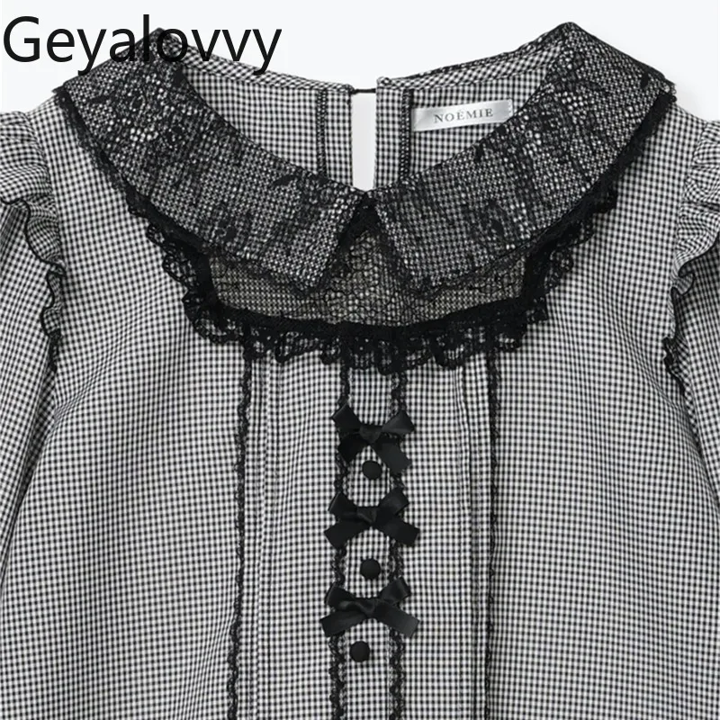

Japanese Style Spring and Autumn New Lace Long Sleeve Shirt Versatile Plaid Blouse Sweet Cute Girl Doll Collar Tops Camisas