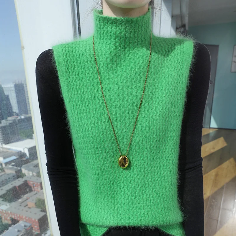 Style académique 100% vison cachemire gilet pull pull col montant sans manches tricots basique élégant femme vêtements hauts