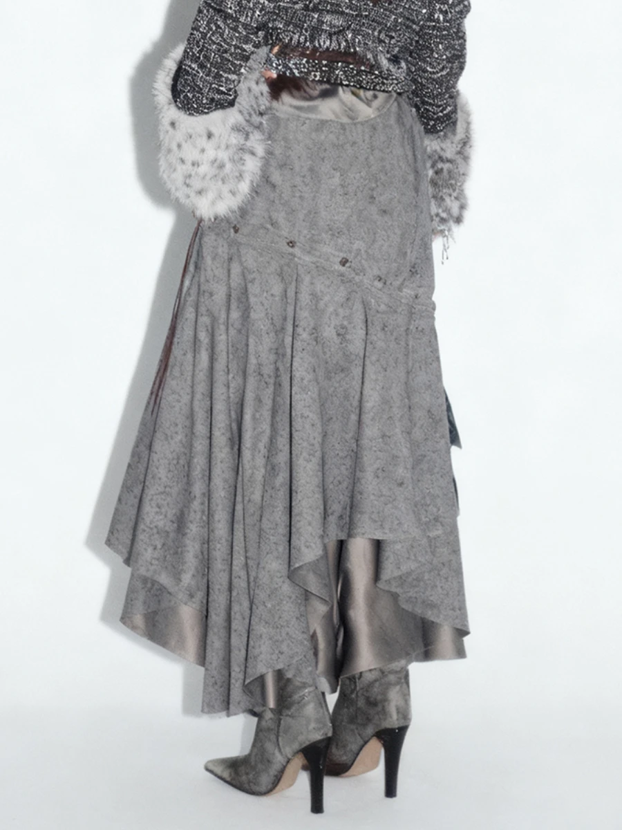 TWOTWINSTYLE Hit Color Loose Spliced Lace Up Irregular Skirts for Women High Waist Patchwork Buttons Fashion Long Skirt Female