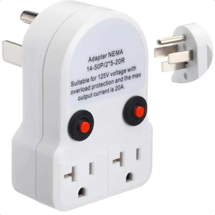 

50 Amp to 20 Amp 110v RV Distribution Adapter Compatible with NEMA 1450p to 2X 520R 515R 4 Prong RV Generator to 3 Prong Househ