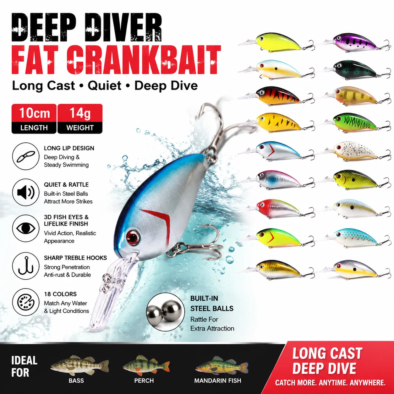100mm 14g Long Casting Crankbait Lure with 3D Eyes Rattle Noise Treble Hooks for Bass Pike Trout Freshwater Saltwater Fishing
