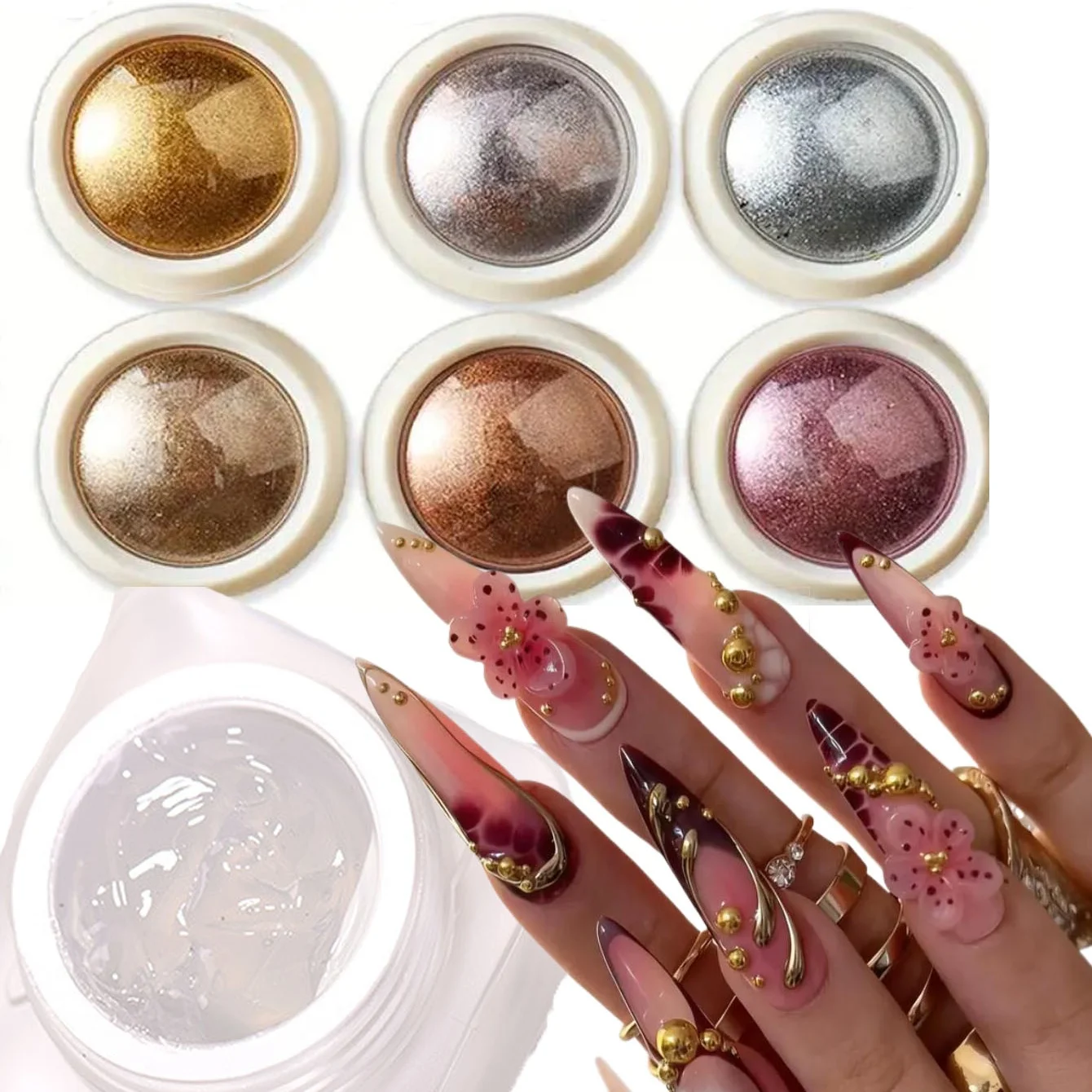 7 قطعة ثلاثية الأبعاد مسمار الفن النحت هلام مجموعة 6 قطعة مسمار معدني بريق مسحوق + 1 قطعة 8 جرام موجة صب النحت جيل للأظافر طقم أظافر *