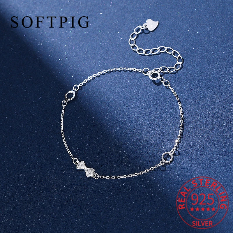 SOFTPIG Real 925 Sterling Silver Zircon CZ Bowknot Chain Charm Bracelet for Women Fine Jewelry Geometric Accessories