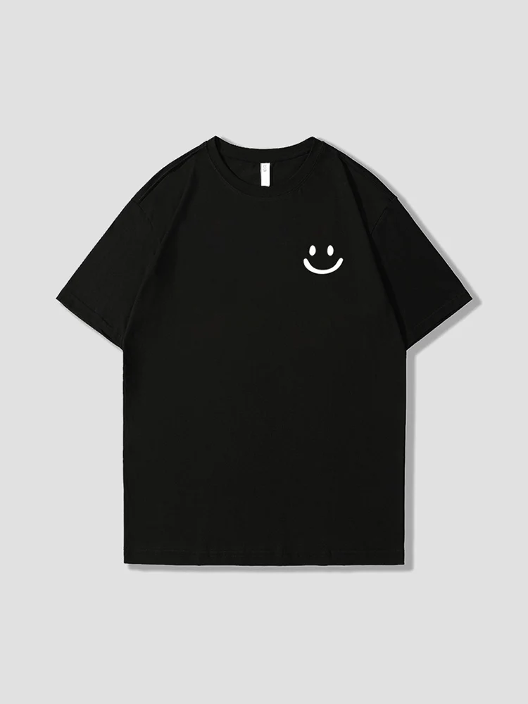 Summer Fashion Heavyweight Retro Men's Smiling Face 100% Cotton Printed Round Neck High Quality Casual Fitness Street T-shirt