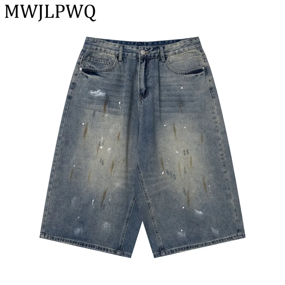 MWJLPWQ Washed Distressed Denim Shorts For Men Summer Loose Fit Punk Retro Street Style Casual Wide Leg Pants New Summer 15068