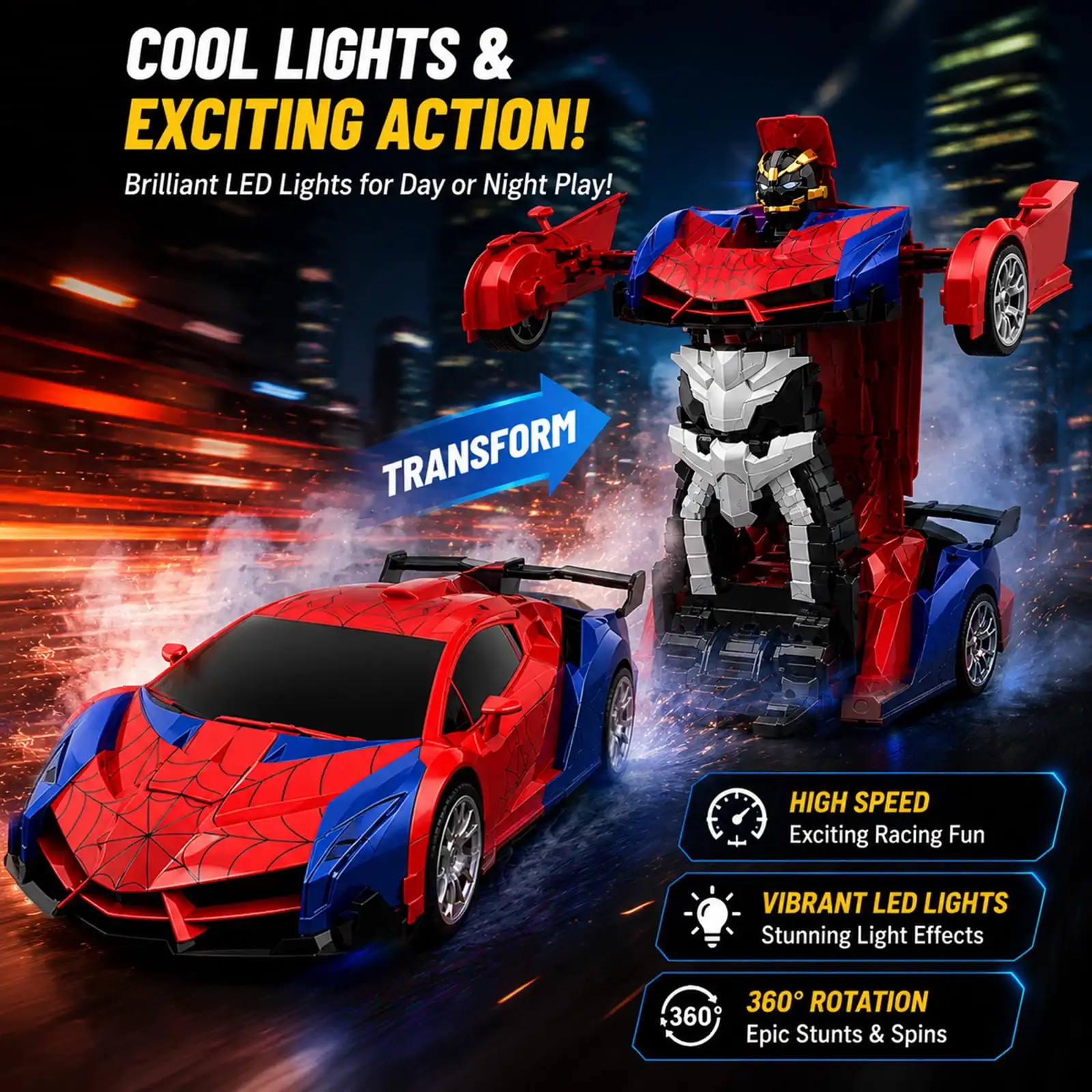 Remote Control Transforming Car Robot 2.4GHz RC Drift Car One Key Deformation 360° Spin LED Lights Rechargeable Kids Toy Gift