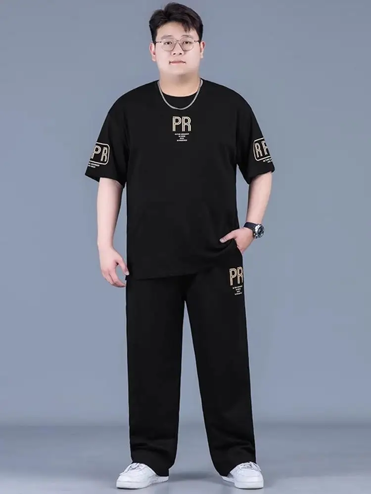 

plus Size Men's ort Sve T-irt Ice Silk Straight Leg Pants Summer Casual Sportswear Two-Piece Set Comfortable Breathable
