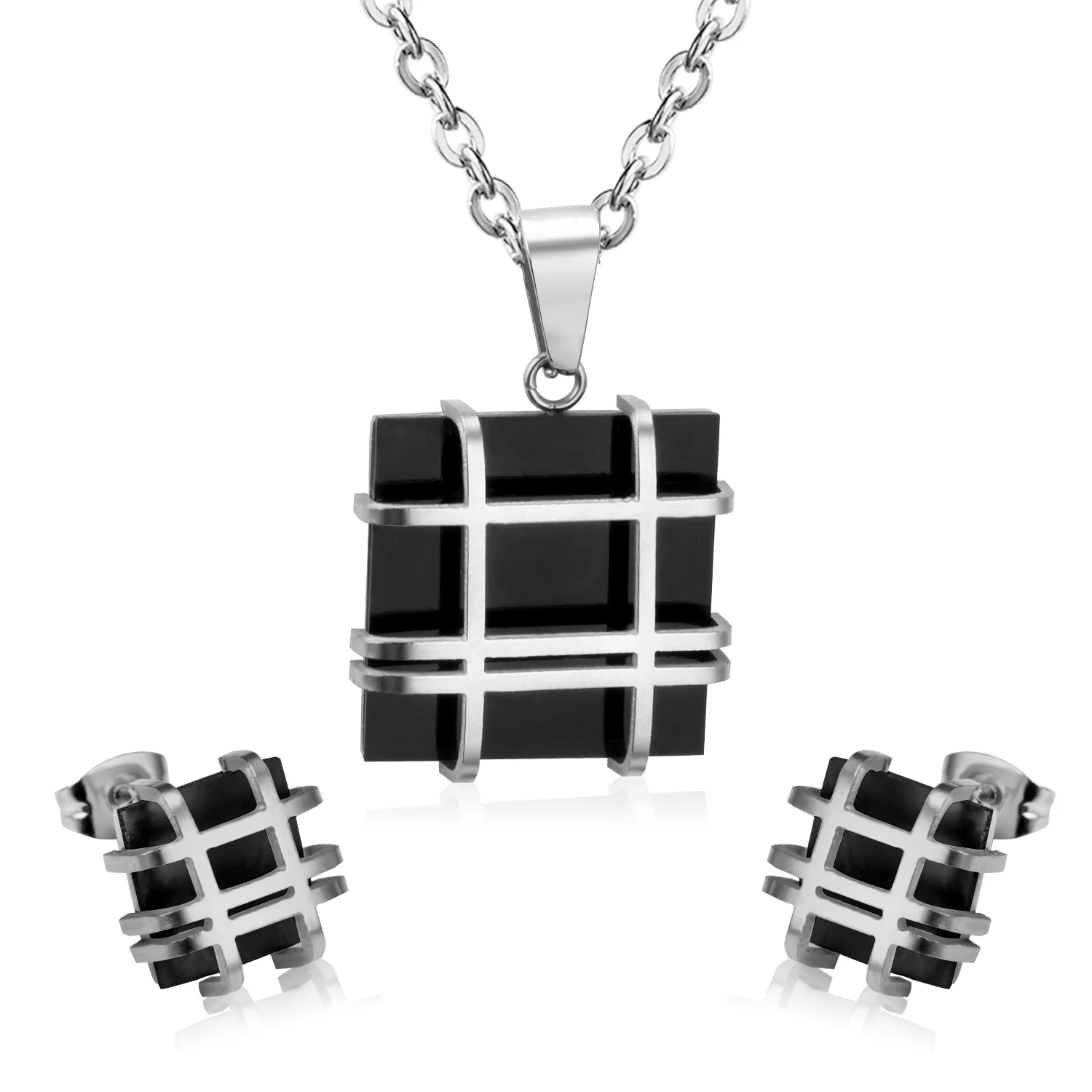 LUXUSTEEL Earring Necklace Set Stainless Steel Geometry Shape Square Big Crystal CZ Stone Pendant Chain For Women Jewelry Bijoux