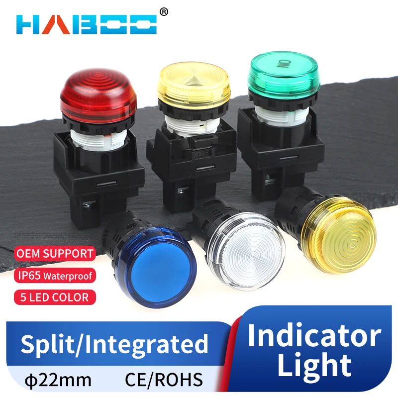 22mm Waterproof Panel Mount LED Pilot Light, Signal Indicator Light 12V 24V 110V 220V Red Blue Green White Yellow