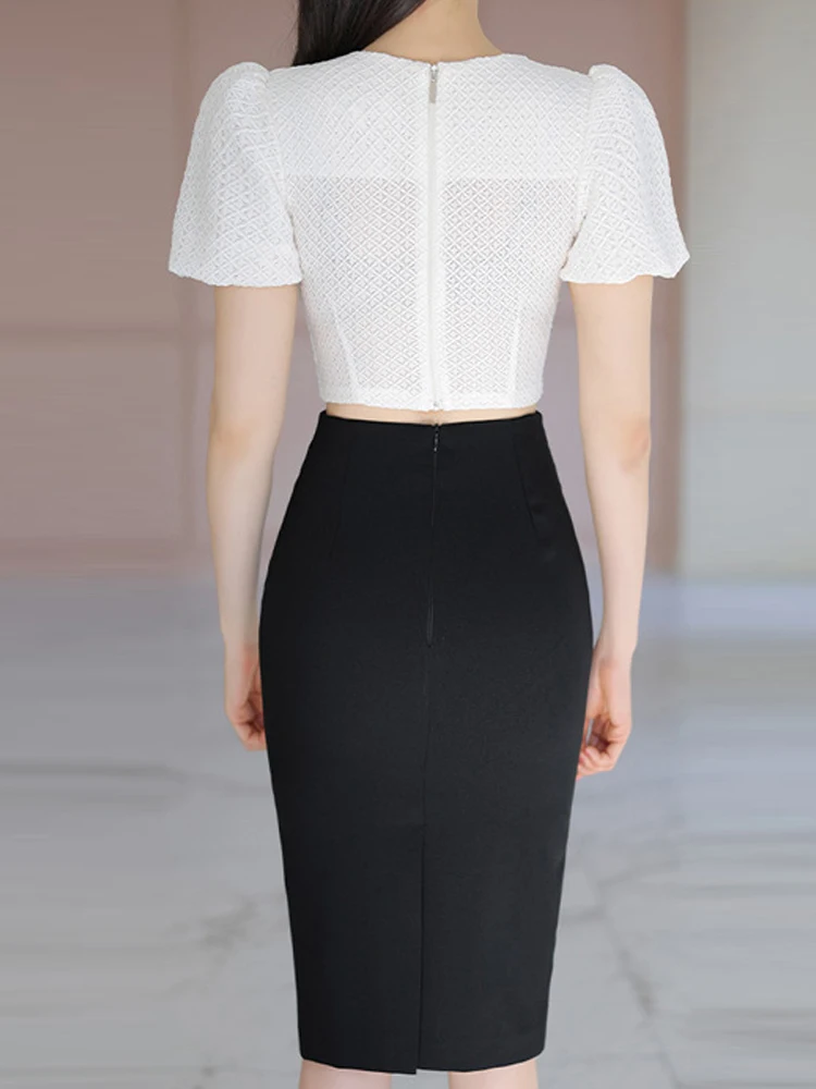 أزياء أنيقة 2 قطعة الزي المرأة الحلو العمل الأبيض المحاصيل قمم قميص بلوزة سوداء ضئيلة ميدي تنورة مجموعة فام تاريخ الشارع الملابس #2