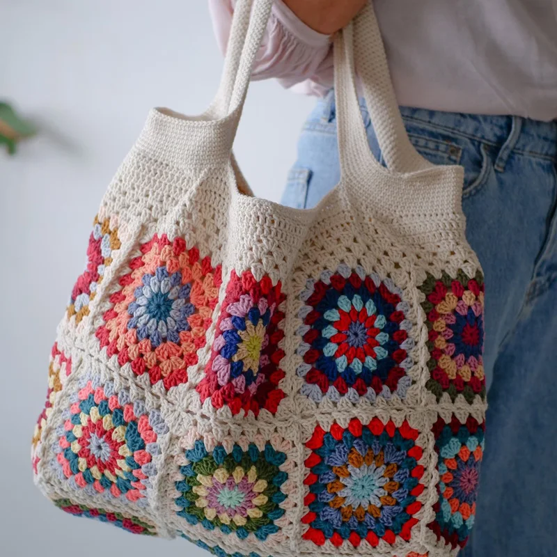 Colorful Boho Chic Granny Square Crochet Woven Handbags For Women Beige Blue Market Bag Vintage Style Hippie Summer Beach Purse