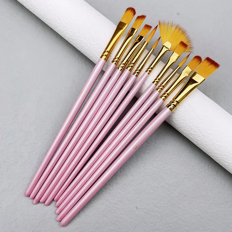 10pcs/set Nylon Hair Wooden Handle Watercolor Paint Brush Pen Set DIY Oil Acrylic Painting Art Paint Brushes Beginner Brushes