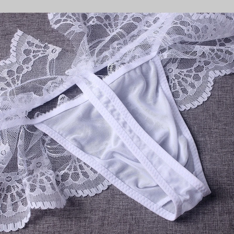 2Pcs Lace Thongs Men's Sexy Erotic Gay Underwear Mesh Lingerie See Through Nightwear Elasticity Slips Tanga Hombre Трусы М 5