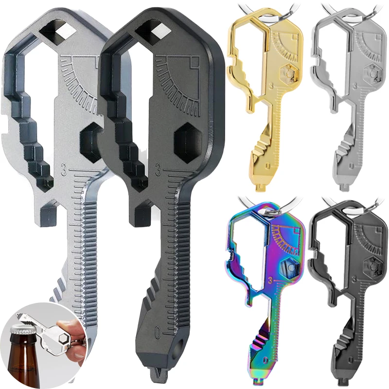 2Pcs Outdoor Portable Universal Key Chain 24-in-1 Combination Pendant Bottle Opener Key Chain Stainless Steel EDC Backpack Tools