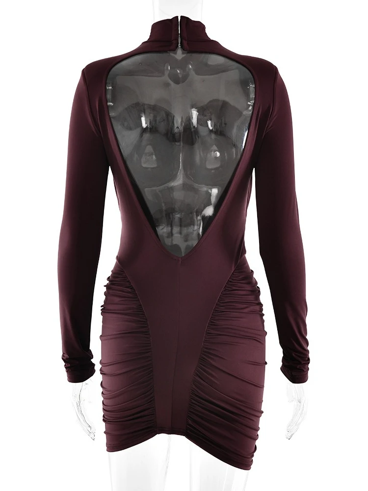 여성을위한 우아한 세련된 백리스 미니 칵테일 파티 드레스 터틀넥 긴 소매 튜닉 폴드 짧은 이브닝 드레스 클럽웨어