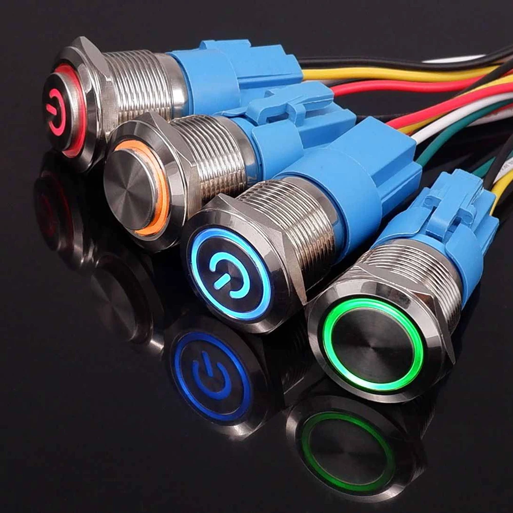 16mm 19mm 22mm Metalowy przełącznik zasilania Przycisk PC Pulsador Silnik samochodowy Podświetlany 3v 6v 12v 24v 220v chwilowy Start Stop LED