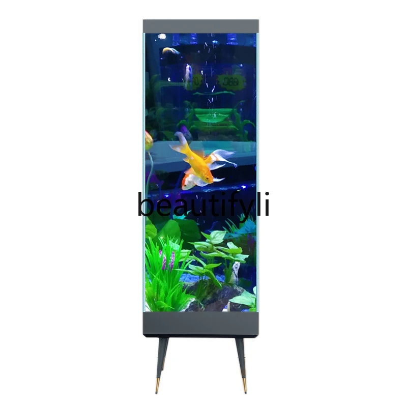 Small floor-to-ceiling tall ultra-white glass aquarium next to the goldfish tank vertical TV cabinet