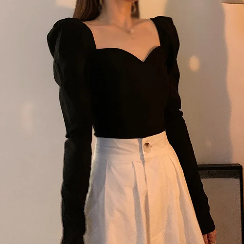 Tops for Women Spring Autumn Long Sleeves Puff Sleeves Square Neck Casual T Shirt Solid Color