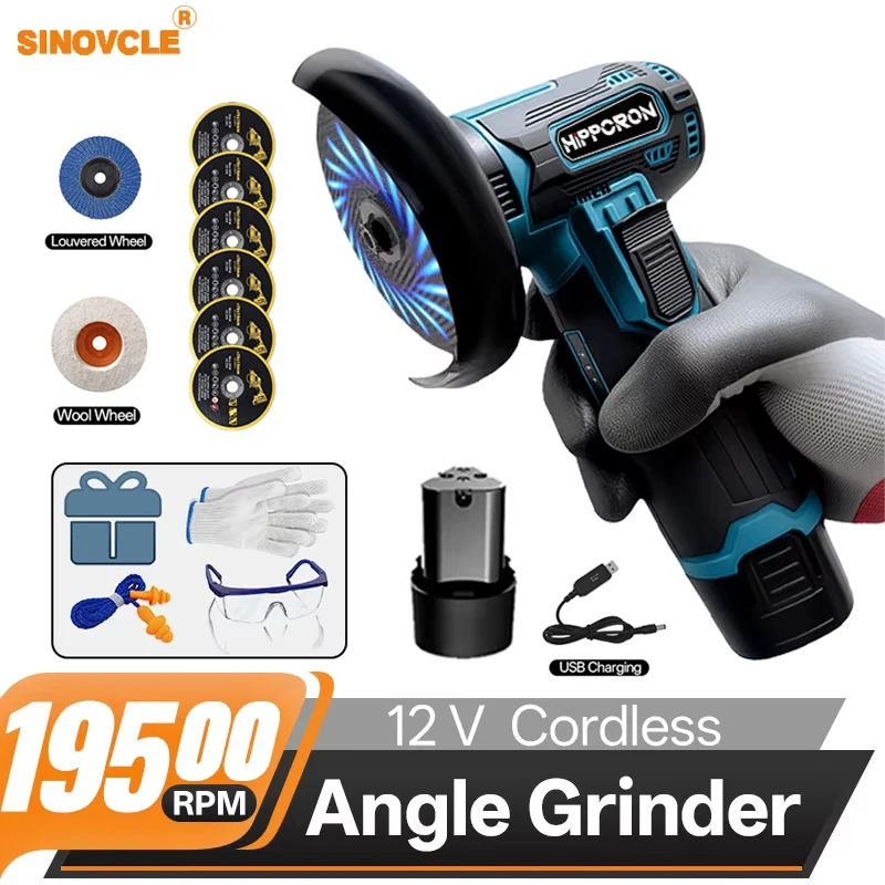 

SINOVCLE 12V Electric Angle Grinder Cordless 19500rpm Lithium Battery Mini Polishing for Cutting Diamond