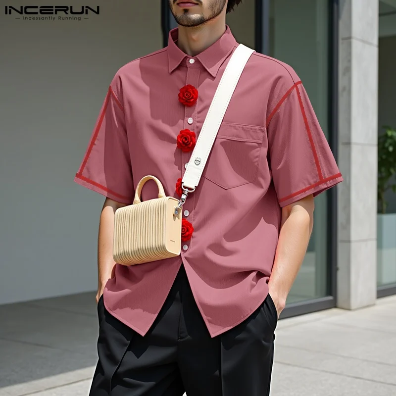 

Summer Men Shirt Flower Patchwork Lapel Short Sleeve Casual Male Shirts Streetwear INCERUN Loose Tops 2025 Fashion Men Clothing