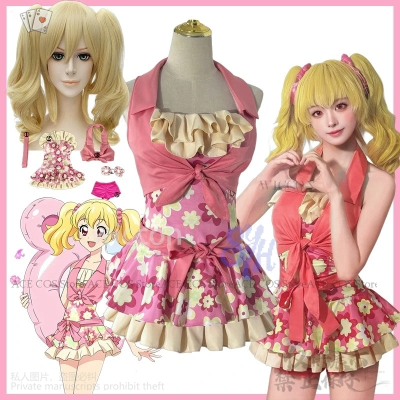 

Anime Aikatsuu! Cosplay Hoshimiya Ichigo Costume Summer Kawaii Flower Beach Printed Sleeveless Ruffles Hem Tank Crop Tops Dress