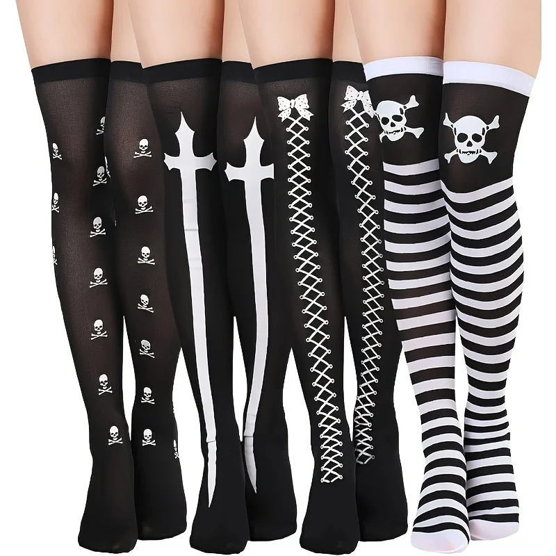 

Gothic Thigh High Stockings,Skull Crossbone Striped Lace Up Over Knee Socks for Halloween,Cosplay,Party,Punk,Gothic Daily Wear