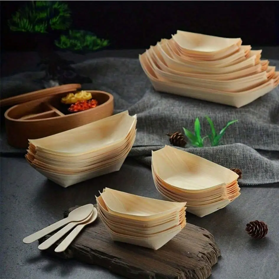 10/50pcs Disposable Wooden Boat Tray, Mini Food Plate, Leaf Sushi Tray, Wooden Bowl, For Catering And Home Use,Kitchen,Christmas