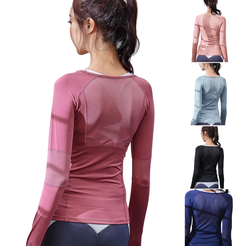 Women's Quick Drying Gym Fitness Shirts Long Sleeve Workout Tops Plain Shirts Yoga Tops Sports T-Shirt with Thumb Holes