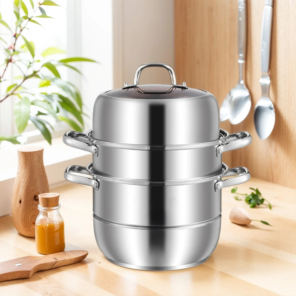 

11inch 3 Tier Stainless Steel with Lid & Handle Steamer Pot Steaming Pot Cookware Pot for Vegetable Dumpling Stock