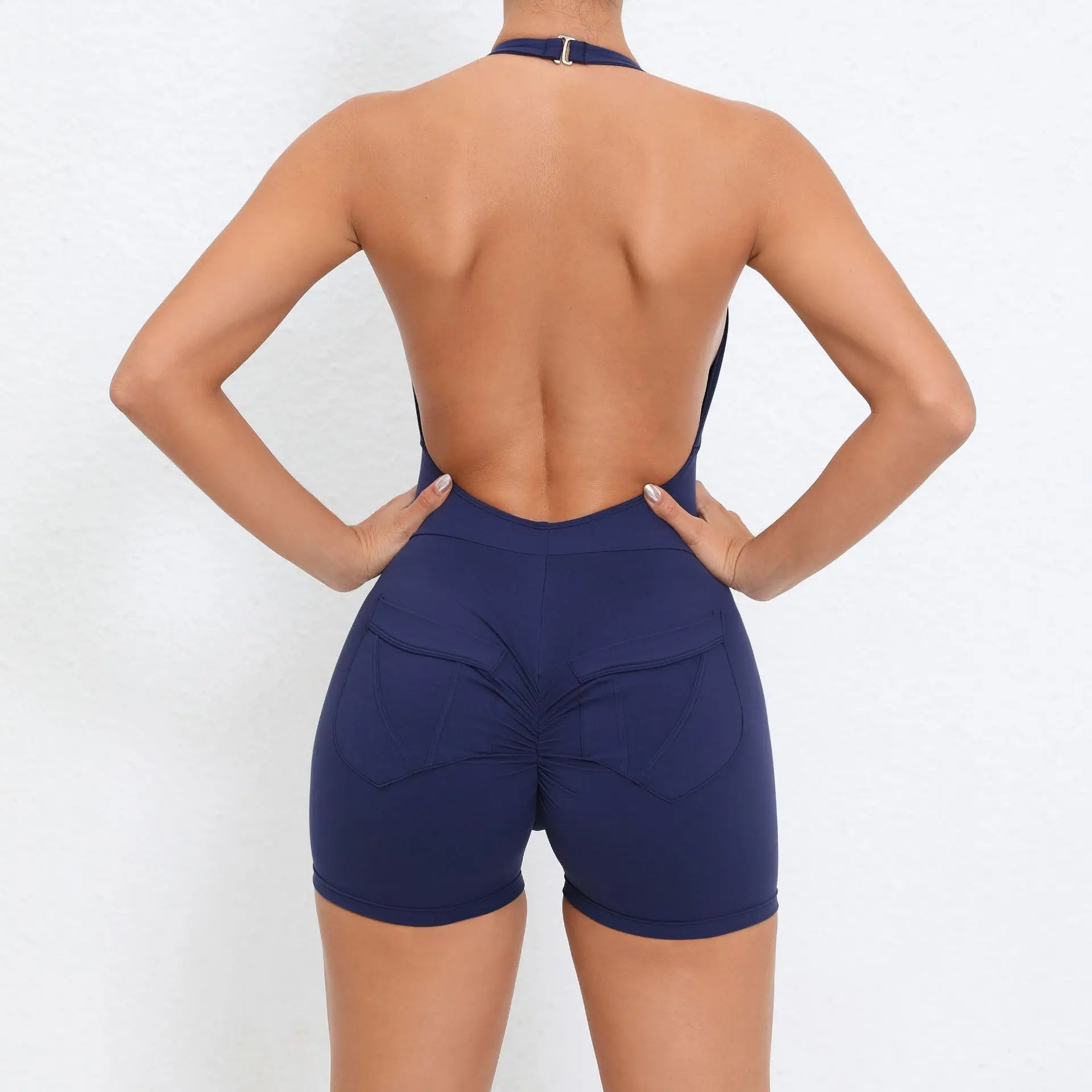 مثير عارية الذراعين Playsuits النساء الرياضة اللياقة البدنية شنقا الرقبة قطعة واحدة ملابس رياضية لليوجا المرأة اليوغا جيب بذلة الزي الصالة الرياضية مجموعة