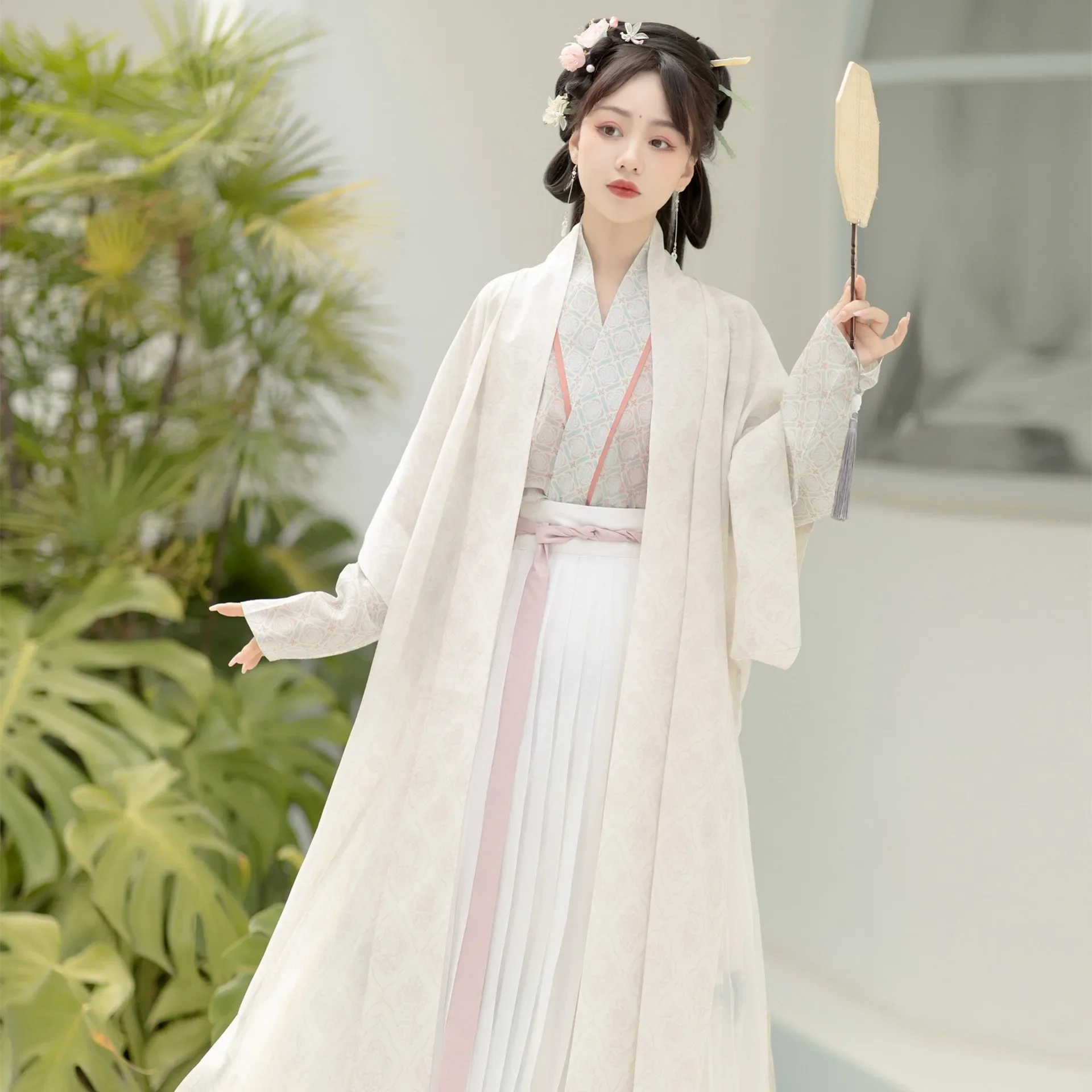 Hanfu Trendy Song Dynasty-inspired Women's Summer Autumn Costume with Longgan Temple Long Shirt and Pleated Skirt