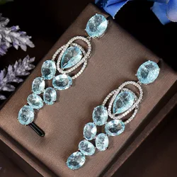 HIBRIDE Chic Europe Royal Cubic Zircon Light Blue Long Water Drop Dangle Earrings For Women Engagement Wedding Jewelry E-495