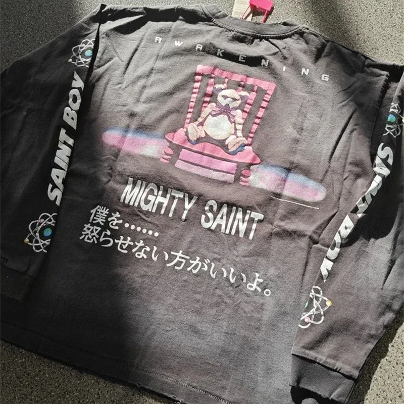 

SAINT MICHAEL Anime Printing Long Sleeved T-Shirts Blcak Wash Vintage Oversized T Shirts