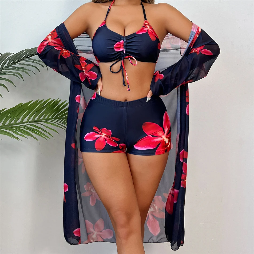 S - XL Langarm-Bikini mit Blumenmuster, Damen-Badeanzug, dreiteiliges Bikini-Set, Damen-Bademode, Badeanzug, Schwimmanzug V7232 – Detail 3