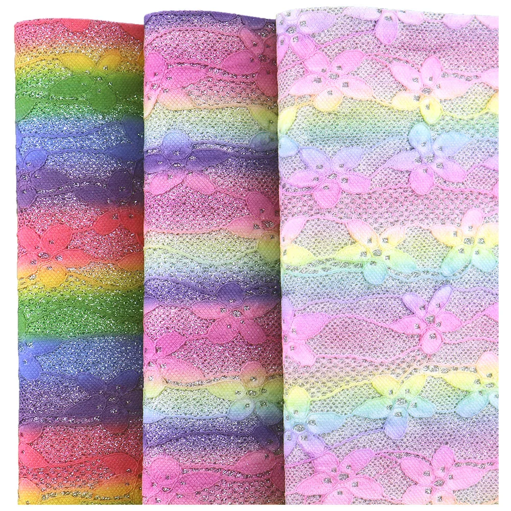 30cmx134cm Roll Rainbow Flower Lace Glitter Fabric Synthetic Faux Leather For Bows Earring DIY Home Decoration AY274