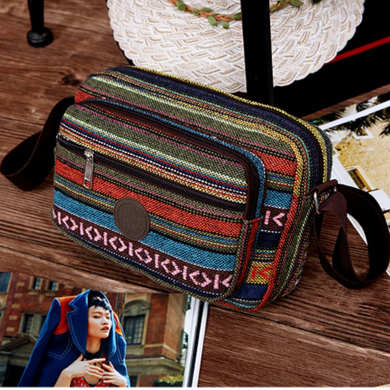 Multi Layer Messenger Bag Women Striped Canvas Single Bag Woman Mobile Phone Crossbody Bag Nylon Oxford Shoudler Bag