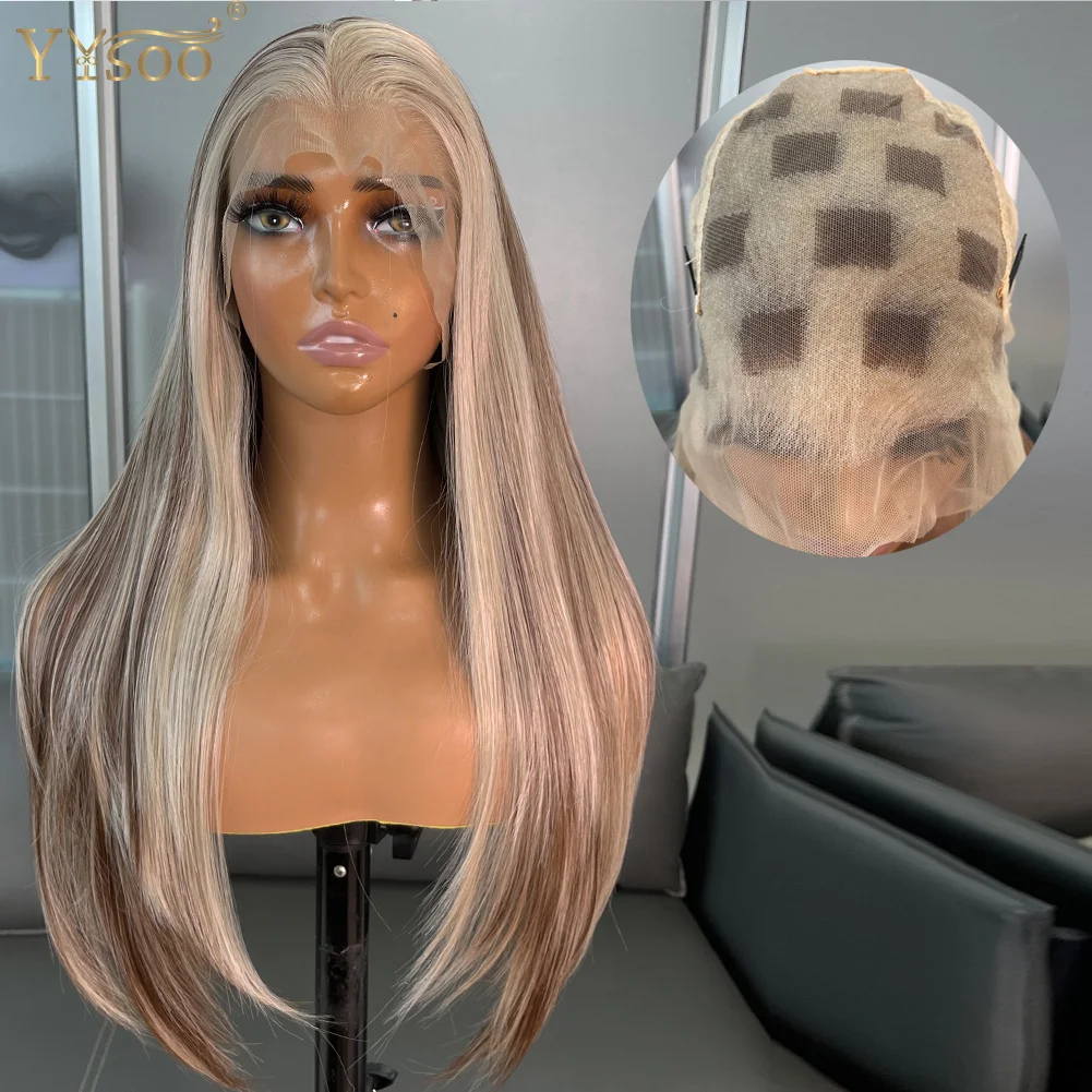 

Women's 13x6 Long Straight Futura Synthetic Lace Front Wig Glueless Half Hand Tied Wig Highlights High Temperature Deep Part Wig