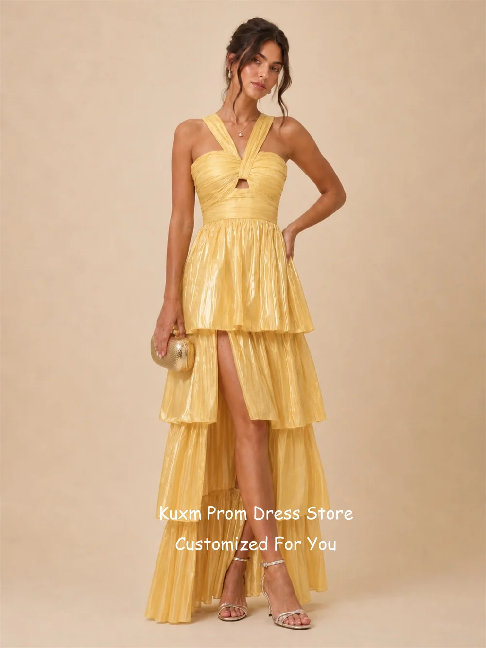 Kuxm Yellow Fashion Evening Dresses A Line Tiered Sweetheart High Low Elegant Prom Gowns Sleeveless Vestido De Fiesta Customized