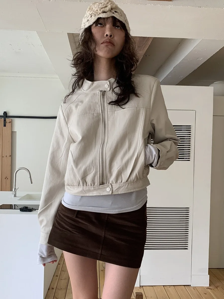 أنيقة ort Double ket عالية الياقة دراجة نارية Jaet المرأة تصميم فريد من نوعه Bla PU معطف جلد Sli الخريف Faion #2