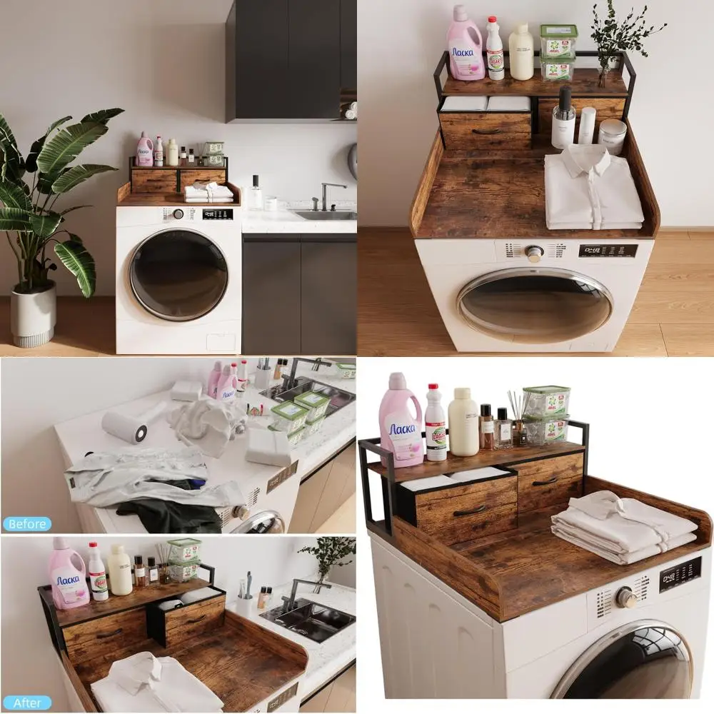 

Одноуровневая подставка для стиральной машины и сушилки с полкой и защитой от скатывания, с краем и противоскользящим ковриком (Деревенский коричневый)